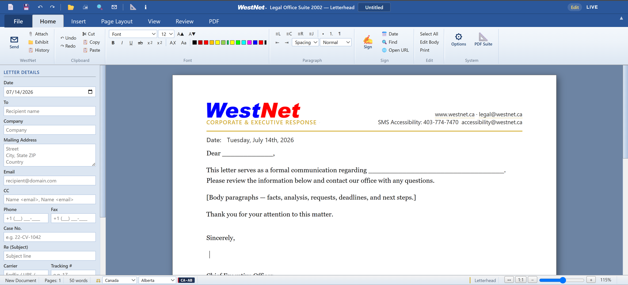 The WestNet Legal Office Suite editor — Office-style ribbon, letterhead, and live redaction