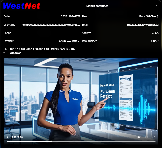 WestNet Captive Portal: Payment Receipts & Confirmation