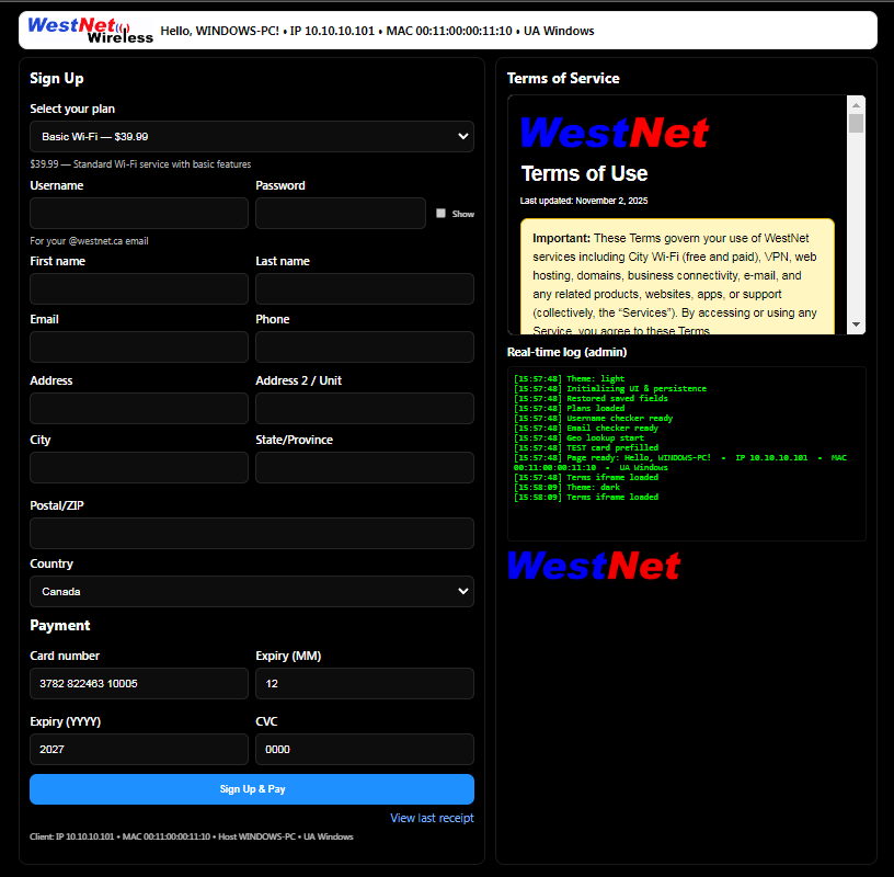 WestNet Captive Portal: User Registration & Plan Selection