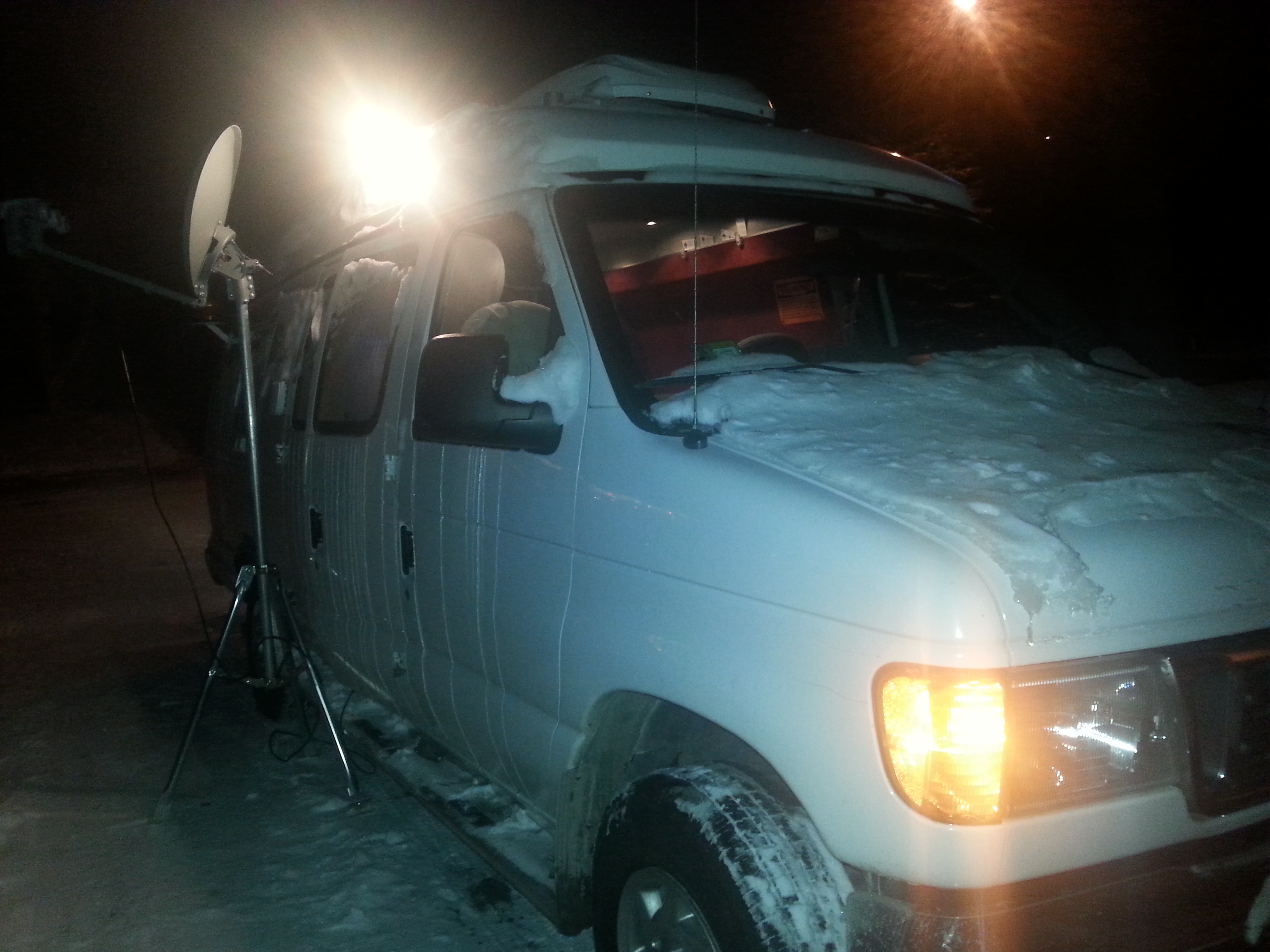 WestNet MHSV mobile operations van with satellite dish — winter field deployment, December 2014