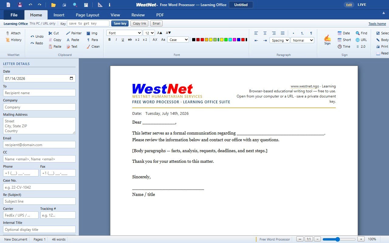 WestNet-Word letter workspace