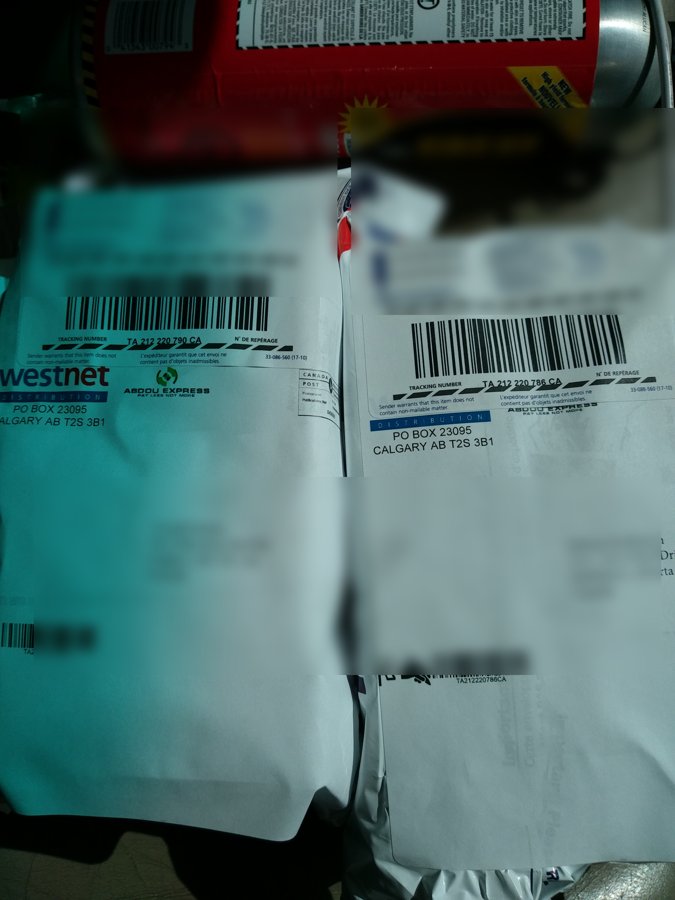 Outbound poly mailers under WestNet-branded shipping labels — addresses obscured