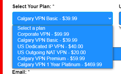Screenshot of Calgary Dedicated VPN Instant Signup page
